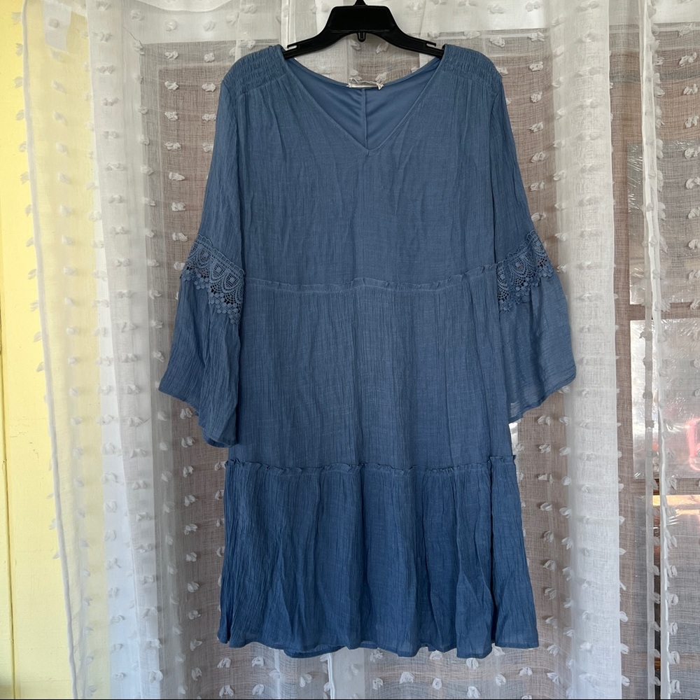 Slate blue boho dress with bell sleeves